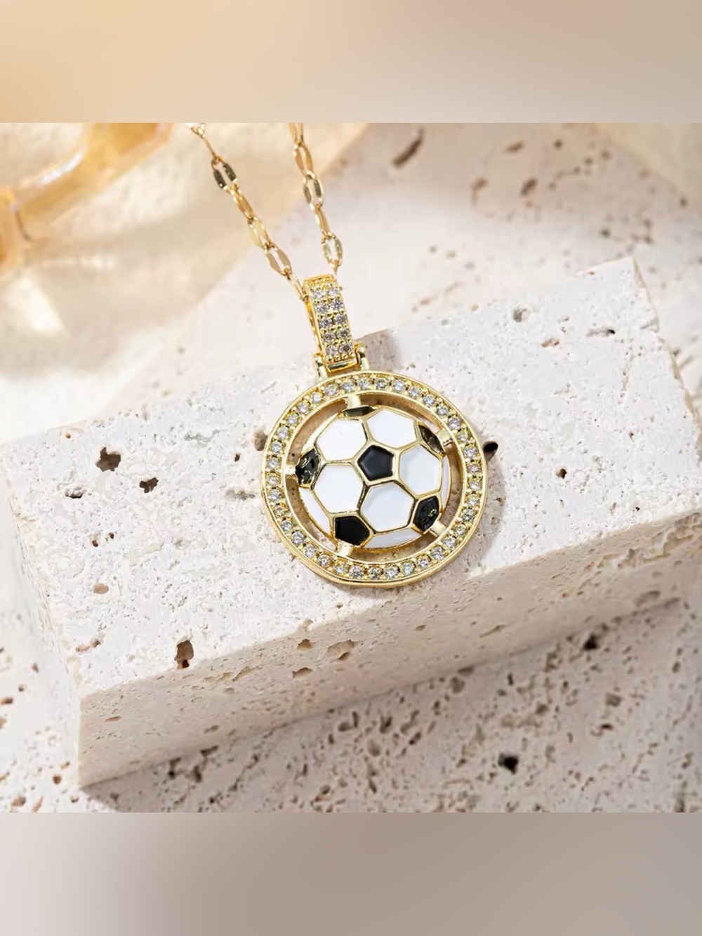 18K Gold Soccer Ball Enameled Micro Pave Diamond Inlay Pendant Necklace Unisex - Picture 2 of 6